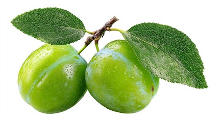 Fresh green plums with leaves and water droplets on white background