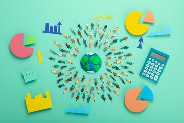 Global Community and Data Analytics Concept with Paper People Around Earth, Colorful Charts, Graphs and Calculator on Green Background – Teamwork, Statistics and Business Strategy

