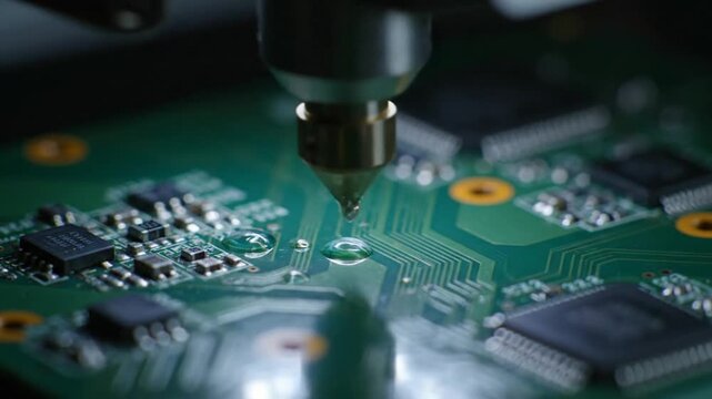Close-up of Automated Liquid Dispenser Applying Green Conformal Coating on Green Printed Circuit Board During