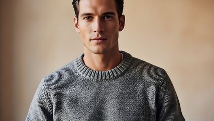 Obraz premium A handsome young man wearing a gray sweater in a neutral setting