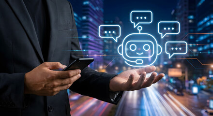 Businessman holding smartphone with artificial intelligence chatbot holographic interface for digital customer service and smart virtual assistant in modern city night background