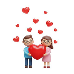 Couple holding heart surrounded by hearts isolated on transparent background