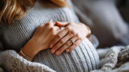 Close-up pregnant woman's belly display, hands gently cradling baby bump, resting on cozy textured blanket, maternal tenderness visualization, pregnancy comfort representation, wit
