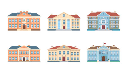 A flat vector illustration set depicting both modern and classic school buildings in front view, utilizing a pastel color palette of orange, peach, and blue. The designs feature symmetrical facades an