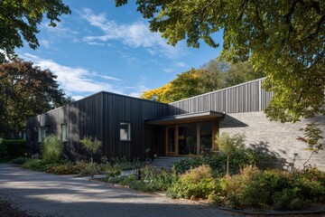 Obraz premium Modern house design with black exterior and large windows situated among trees during a clear day in a residential neighborhood