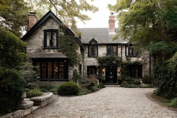 A charming house, nestled amidst a lush grove of trees, boasts sturdy stone walls and features a picturesque brick path that winds its way to the inviting entrance.