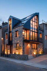 A contemporary house featuring an elegant stone facade and expansive windows is situated in a peaceful residential neighborhood, beautifully illuminated during dusk