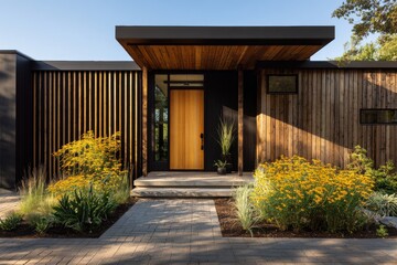A contemporary entrance to a house features a stylish wooden design, adorned with lush greenery and a beautiful stone pathway, all illuminated by daylight