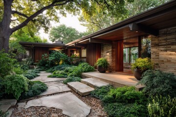 Pathway leads to wooden structures surrounded by greenery in a residential area during late afternoon with sunlight filtering through trees