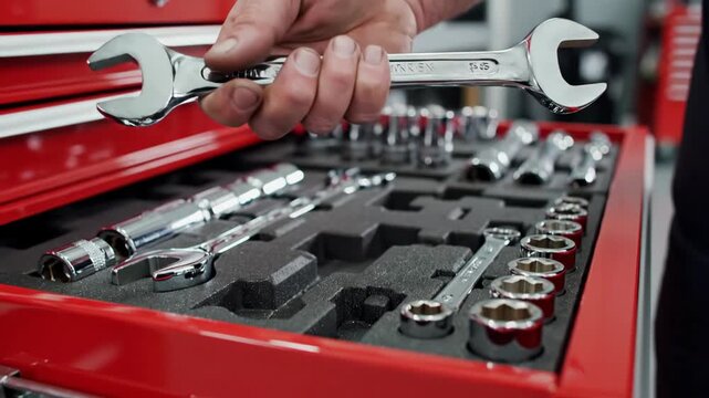 Mechanic's hand takes a wrench from a professional toolbox. Close-up of a technician selecting a chrome tool in a workshop for auto repair and maintenance