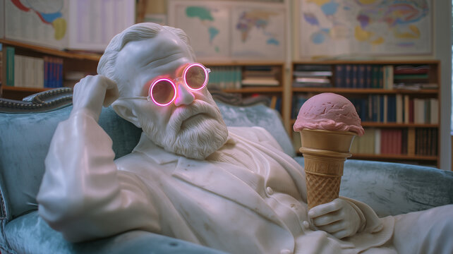 A surreal marble sculpture of Sigmund Freud relaxing on a velvet sofa, wearing glowing pink neon round glasses and holding a strawberry ice cream cone. A playful, modern take on psychology.