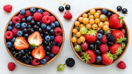 Two wooden bowls filled with a variety of colorful berries and fruits