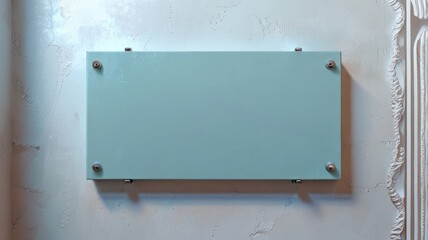 Obraz premium Light Blue Acrylic Blank Board Sign with White Textured Plaster Wall Border