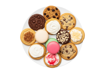 assorted cookies and macarons on a white plate - colorful dessert platter