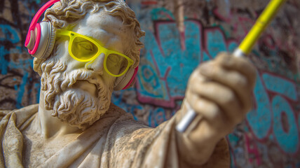 Fototapeta premium A close-up of an Epicurus marble statue wearing modern pink headphones and yellow sunglasses against a colorful graffiti background, representing hedonism and modern leisure.