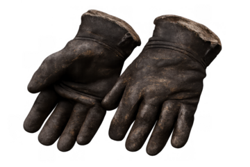 Worn and dirty leather work gloves providing protection for hands, showing hard labor with a transparent background