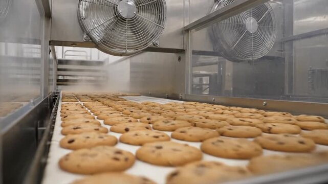 Freshly Baked Chocolate Chip Cookies Moving Along a Conveyor Belt Inside an Industrial Bakery Production Line with