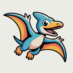 Cute cartoon pterodactyl flying with colorful rainbow wings and a happy expression. © DediGalihWisnumurti