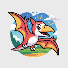 A cute cartoon red pterodactyl flying happily in a vibrant landscape with green hills and blue sky. © DediGalihWisnumurti