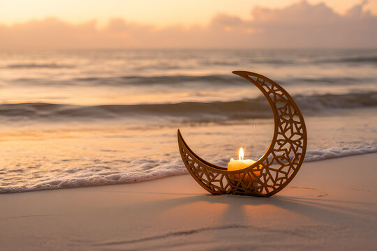 Crescent moon candle holder on serene beach at sunset