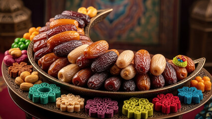 Assorted traditional sweets and candies displayed on decorative trays.