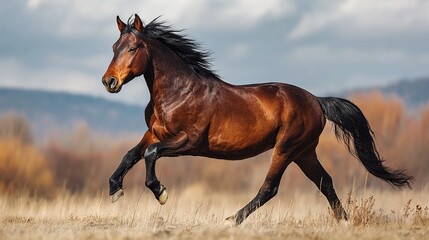 Majestic brown horse running freely in open field with mountains