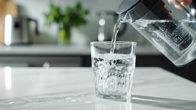 Person pouring clean filtered water from a pitcher into a glass. Close-up of filling a drinking glass on a modern kitchen counter. Health and hydration concept