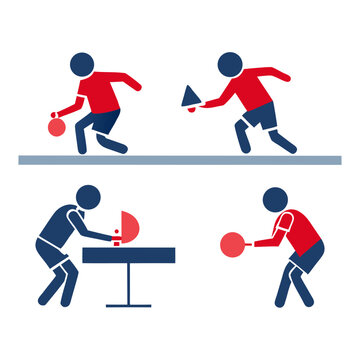 Title: Two players in red and blue shirts playing table tennis with rackets and a ball on a table