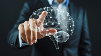 Businessman interacting with futuristic brain interface