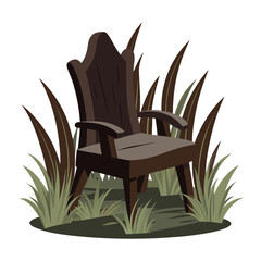 Title: A wooden Adirondack chair with dark brown slats and light brown legs surrounded by tall