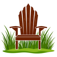 Title: A brown and green of a wooden Adirondack chair with grass and a small patch of ground