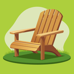 Title: A wooden Adirondack chair with a brown and tan color scheme placed on a green grassy patch