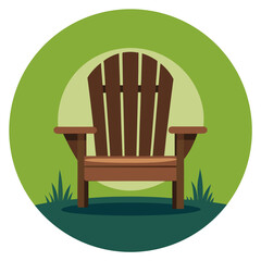 Title: A brown wooden Adirondack chair with a green circular background and small plants