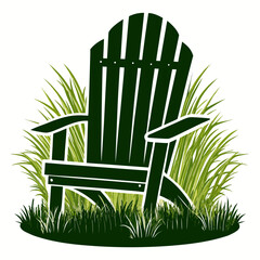 Title: A green and white of a wooden Adirondack chair surrounded by grass and plants