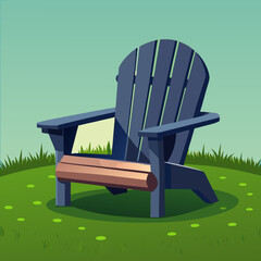 Title: A wooden Adirondack chair with a blue and tan color scheme placed on a green grassy patch