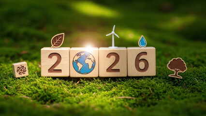 Wooden blocks display the year 2026 with environmental-themed icons on a grassy background.