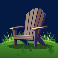 Title: A wooden Adirondack chair with a brown and tan color scheme placed on a green grassy patch