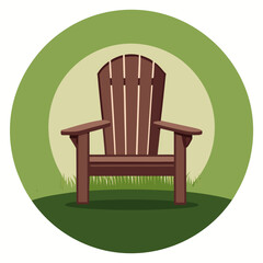 Title: A wooden Adirondack chair with brown slats and armrests sitting on a grassy patch with