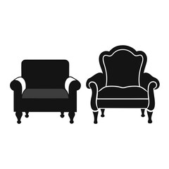 Title: Two classic armchairs with rolled arms and curved legs in black and white line style