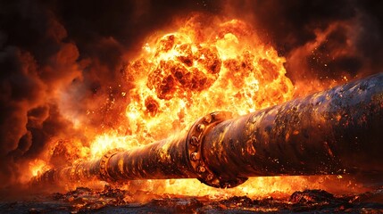 Flaming industrial pipe explosion with intense fire and smoke