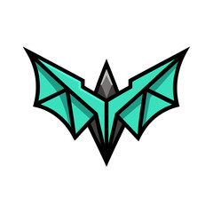 Title: A stylized green and black abstract geometric bat with symmetrical wings and a central body