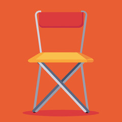 Title: A bright yellow and red folding chair with white metal legs against an orange background