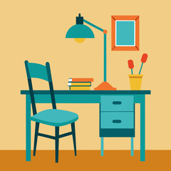 Title: A colorful desk setup with a chair, lamp, books, and a potted plant on a wooden floor