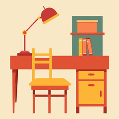 Title: A child's wooden desk with a chair, lamp, and bookshelf against a light background