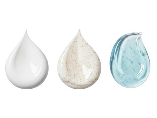 Collection of three unique cosmetic products displayed in droplet form