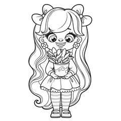 Cute cartoon girl with pot of blooming crocuses outlined on a white background