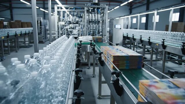 Industrial Production Line With Bottled Water and Packaged Goods Moving Along Conveyor Belts Under Bright Factory