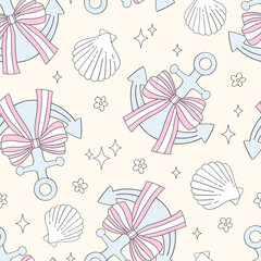 Fototapeta premium Preppy Coastal Nautical Seamless Pattern with Anchors, Bows and Seashells in Pastel Vector Style for Fabric, Wallpaper, Stationery and Elegant Decorative Design