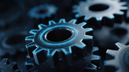 Shiny metallic gears interlocking in dark background with blue glow