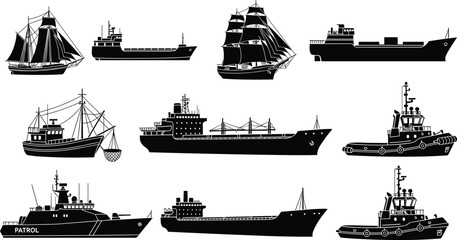 Ship silhouette vector collection, sailing vessels cargo ships tugboats patrol boats, maritime transportation icons, isolated black ship illustrations set © Motakabir